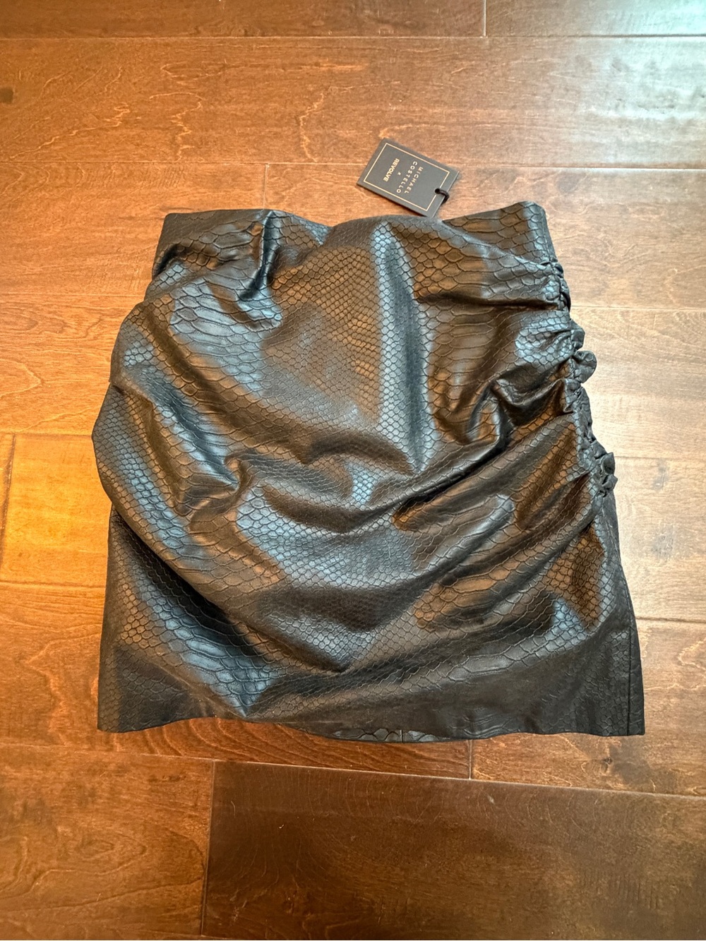 Michael Costello Black Faux-Snake Ruched Mini Skirt
